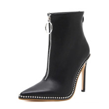 10cm heel black leather pointed toe chain ornaments vamp round zipper accessories ladies ankle boots